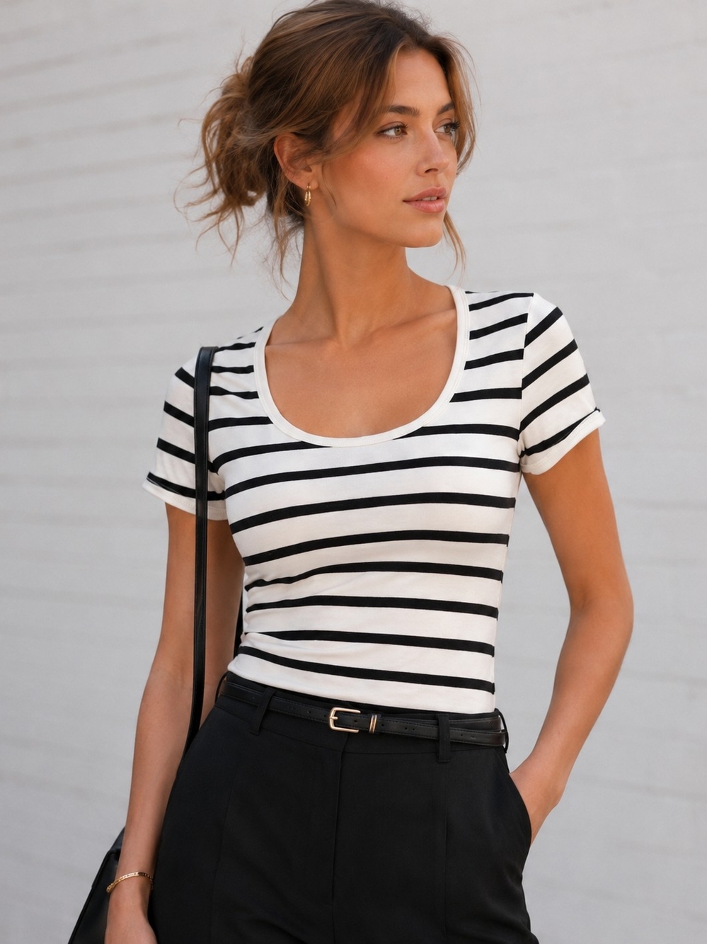 Cyrus Essentials Striped Scoop Neck Fitted Tee Black Ivory Size S NWOT